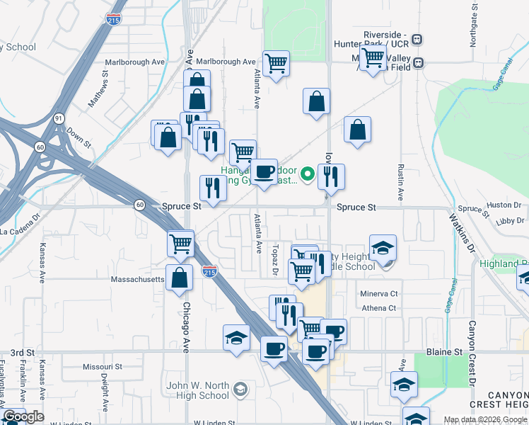 map of restaurants, bars, coffee shops, grocery stores, and more near 2320 Gonzaga Lane in Riverside