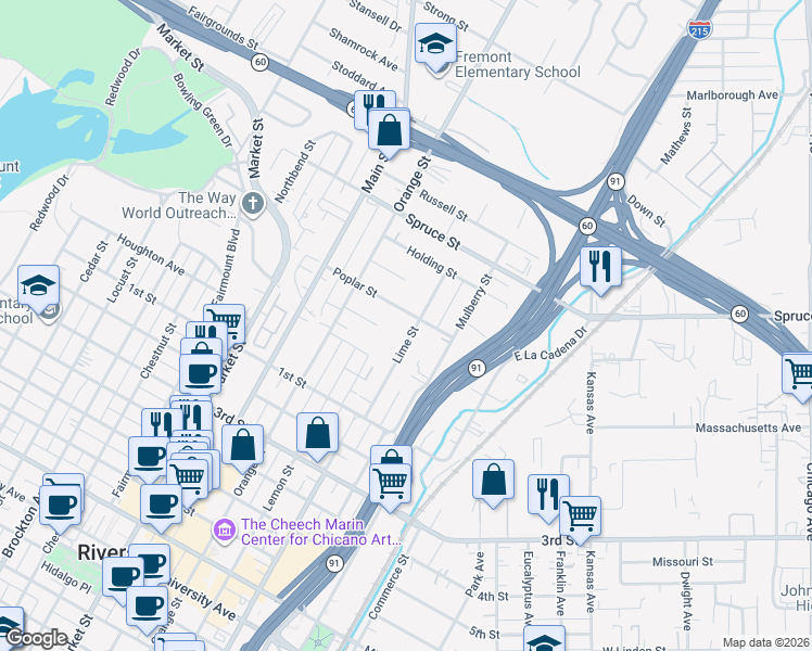 map of restaurants, bars, coffee shops, grocery stores, and more near 2749 Lime Street in Riverside
