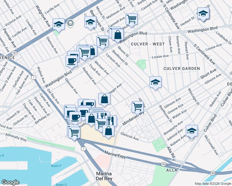 map of restaurants, bars, coffee shops, grocery stores, and more near 4226 Tivoli Avenue in Los Angeles