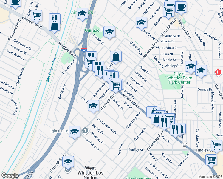 map of restaurants, bars, coffee shops, grocery stores, and more near 10709 Pleasant Way in Whittier