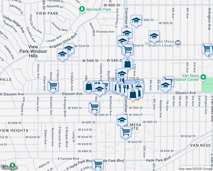 map of restaurants, bars, coffee shops, grocery stores, and more near 5729 Brynhurst Avenue in Los Angeles