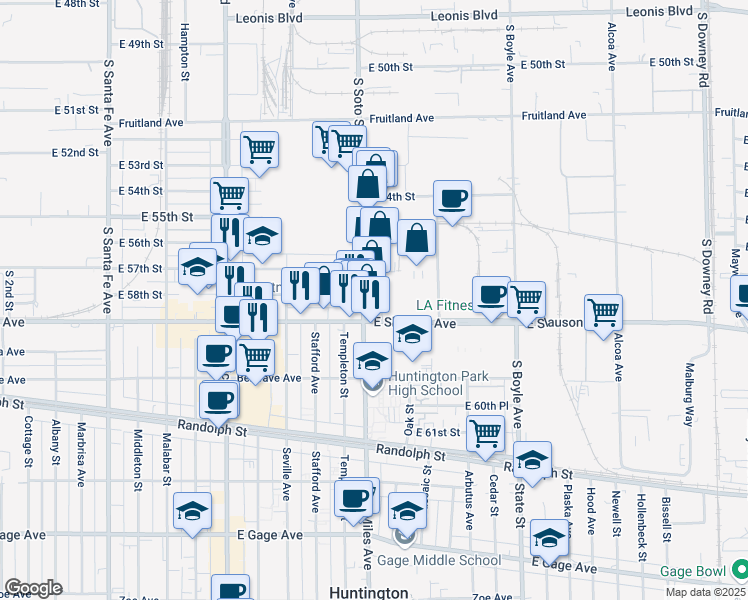 map of restaurants, bars, coffee shops, grocery stores, and more near 5800 Soto Street in Huntington Park