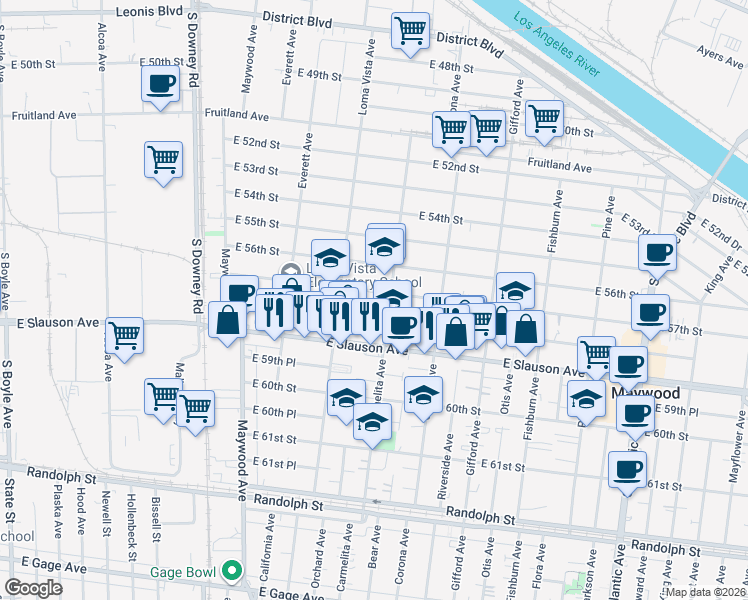 map of restaurants, bars, coffee shops, grocery stores, and more near 3740 E 57th St in Maywood