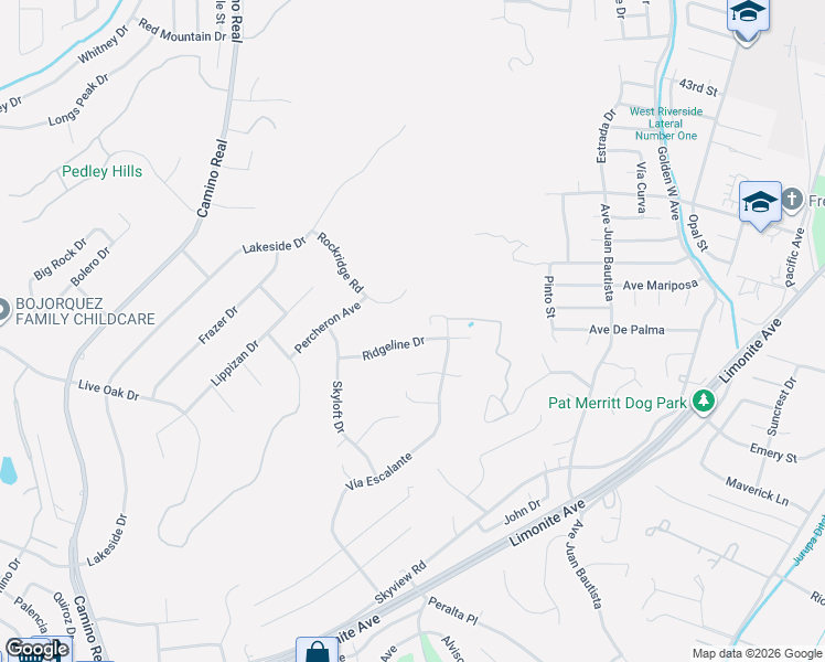 map of restaurants, bars, coffee shops, grocery stores, and more near 7185 Ridgeline Drive in Riverside