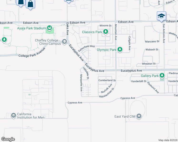 map of restaurants, bars, coffee shops, grocery stores, and more near 80 Hillsdale Street in Chino