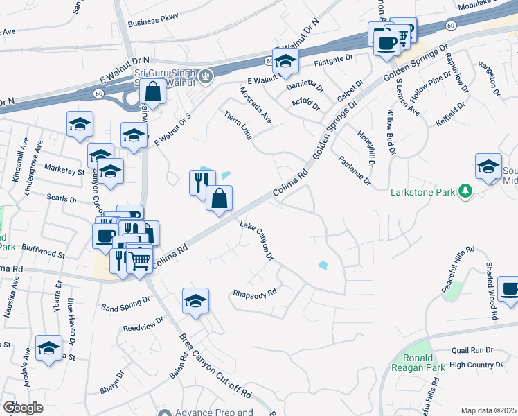 map of restaurants, bars, coffee shops, grocery stores, and more near 20132 Colima Road in Walnut
