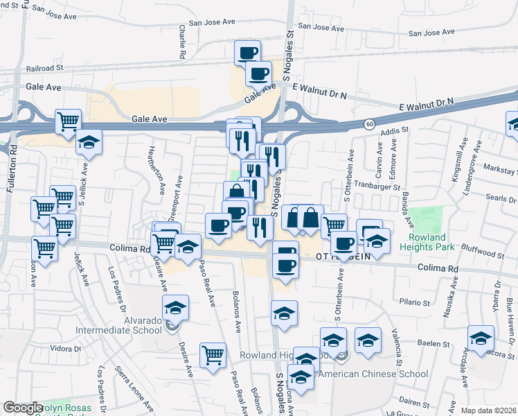 map of restaurants, bars, coffee shops, grocery stores, and more near 1501 Nogales Street in Rowland Heights