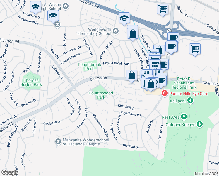 map of restaurants, bars, coffee shops, grocery stores, and more near 16915 Chartham Place in Hacienda Heights