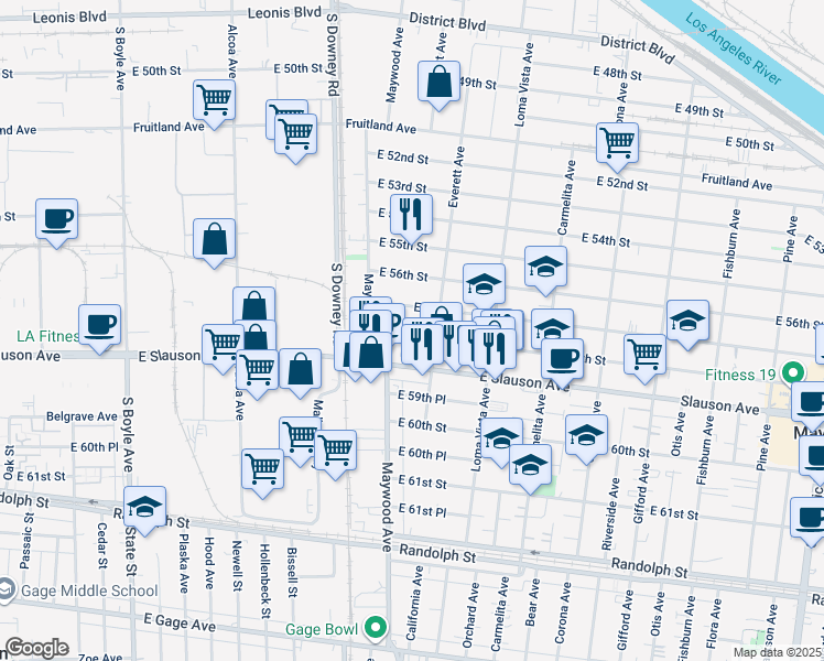 map of restaurants, bars, coffee shops, grocery stores, and more near 3553 East 58th Street in Maywood