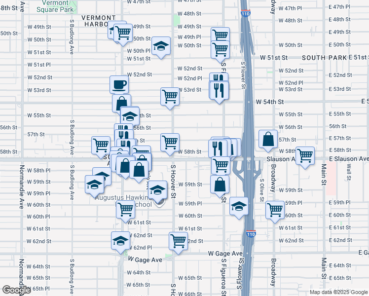 map of restaurants, bars, coffee shops, grocery stores, and more near 639 West 58th Street in Los Angeles