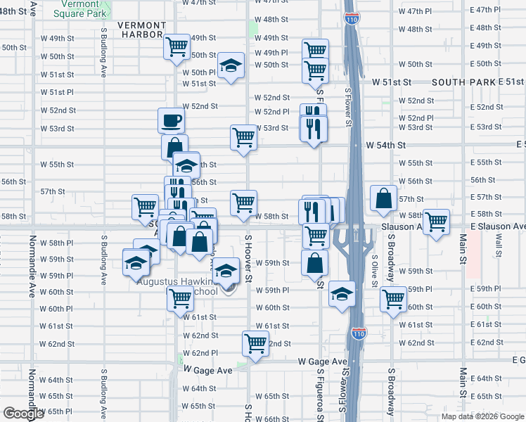 map of restaurants, bars, coffee shops, grocery stores, and more near 639 West 58th Street in Los Angeles