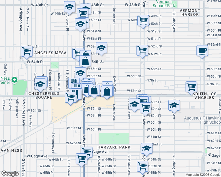 map of restaurants, bars, coffee shops, grocery stores, and more near 1611 West 58th Street in Los Angeles