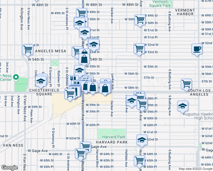 map of restaurants, bars, coffee shops, grocery stores, and more near 1611 West 58th Street in Los Angeles