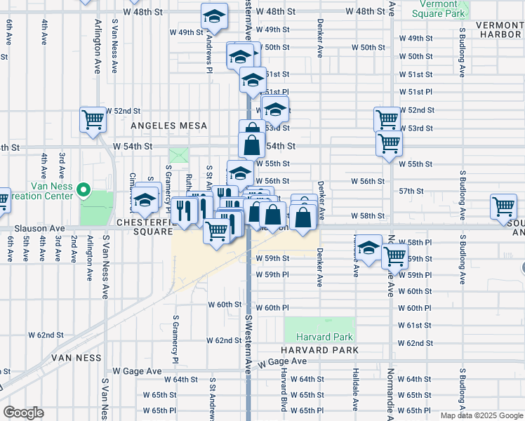map of restaurants, bars, coffee shops, grocery stores, and more near 1731 West 58th Street in Los Angeles