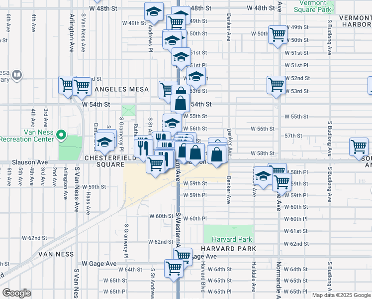 map of restaurants, bars, coffee shops, grocery stores, and more near 1731 West 58th Street in Los Angeles