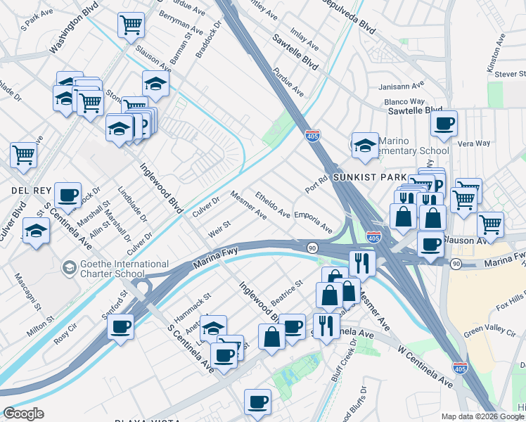 map of restaurants, bars, coffee shops, grocery stores, and more near in Los Angeles