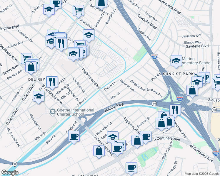 map of restaurants, bars, coffee shops, grocery stores, and more near 11940 Culver Drive in Culver City