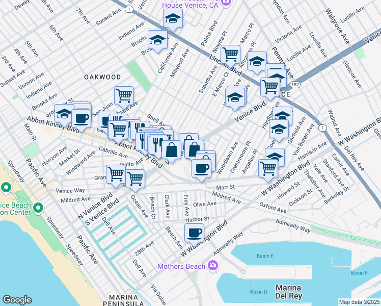 map of restaurants, bars, coffee shops, grocery stores, and more near in Los Angeles