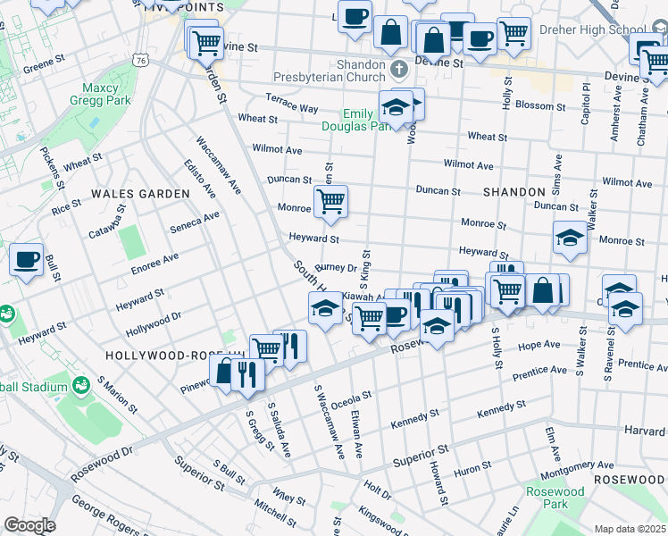 map of restaurants, bars, coffee shops, grocery stores, and more near 2514 Burney Drive in Columbia