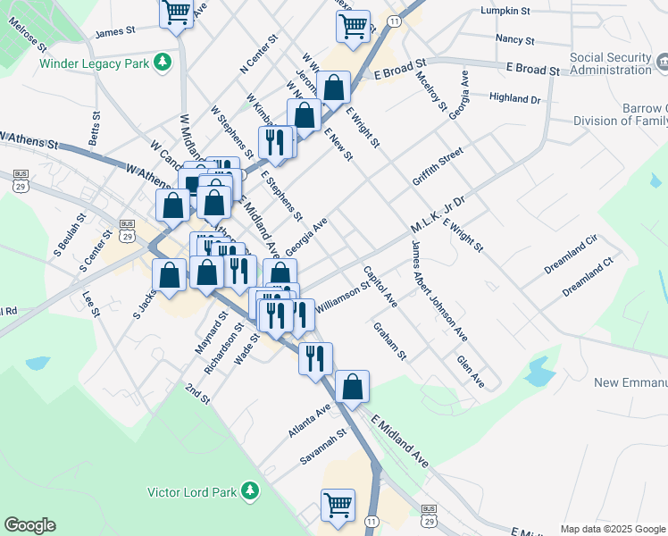 map of restaurants, bars, coffee shops, grocery stores, and more near 94 Martin Luther King Jr Drive in Winder