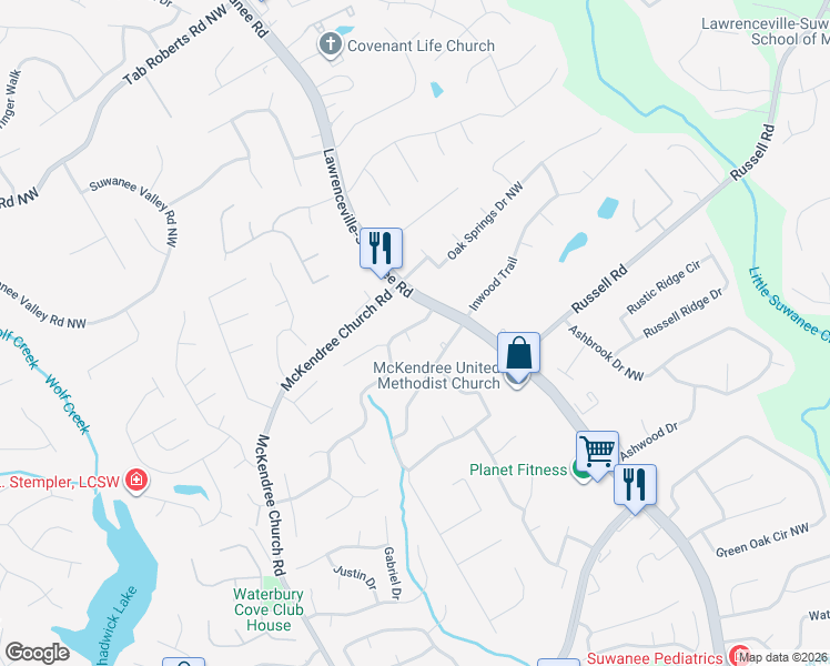 map of restaurants, bars, coffee shops, grocery stores, and more near 621 Brighton Drive Northwest in Lawrenceville