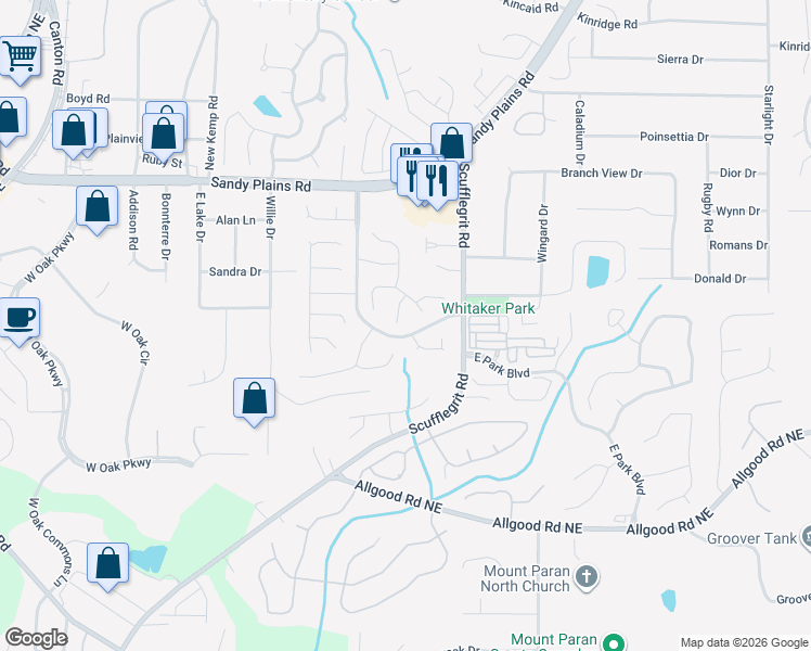 map of restaurants, bars, coffee shops, grocery stores, and more near 1642 Evanston Circle in Marietta