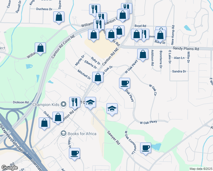 map of restaurants, bars, coffee shops, grocery stores, and more near 1598 Kings Road in Marietta