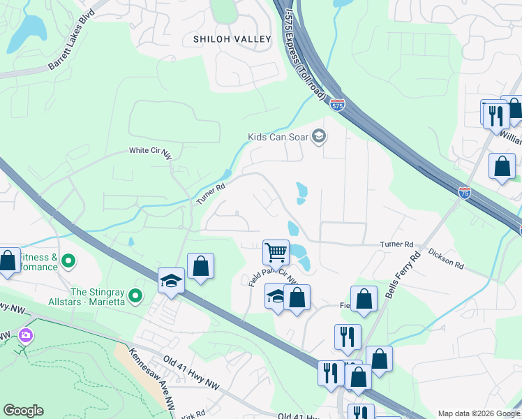 map of restaurants, bars, coffee shops, grocery stores, and more near 373 Summit Village Drive in Marietta