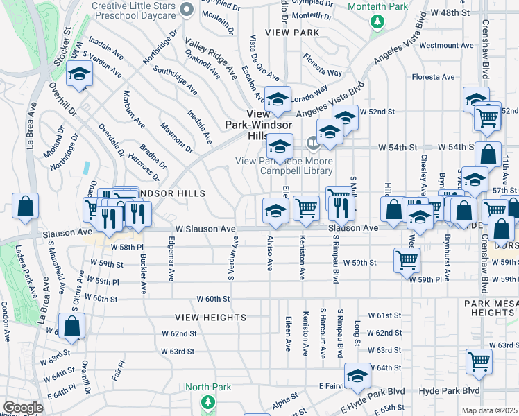 map of restaurants, bars, coffee shops, grocery stores, and more near 5722 Valley Ridge Avenue in View Park-Windsor Hills