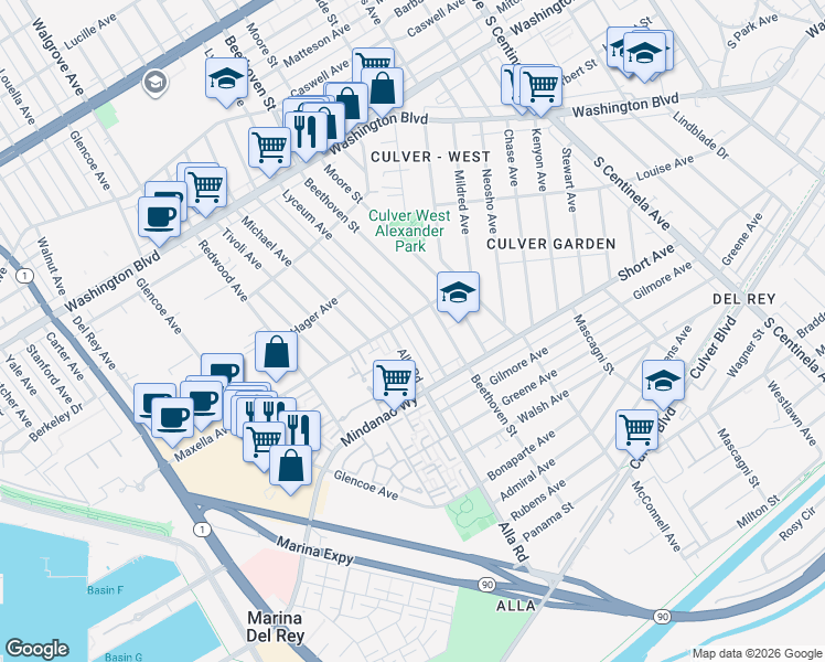 map of restaurants, bars, coffee shops, grocery stores, and more near 4315 Lyceum Avenue in Los Angeles