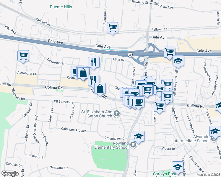 map of restaurants, bars, coffee shops, grocery stores, and more near 1614 Larkvane Road in Rowland Heights