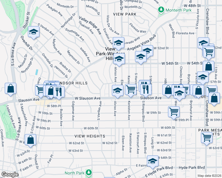 map of restaurants, bars, coffee shops, grocery stores, and more near 5722 Valley Ridge Avenue in View Park-Windsor Hills
