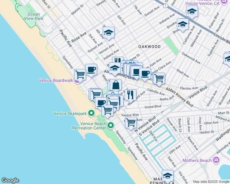 map of restaurants, bars, coffee shops, grocery stores, and more near 216 San Juan Avenue in Los Angeles