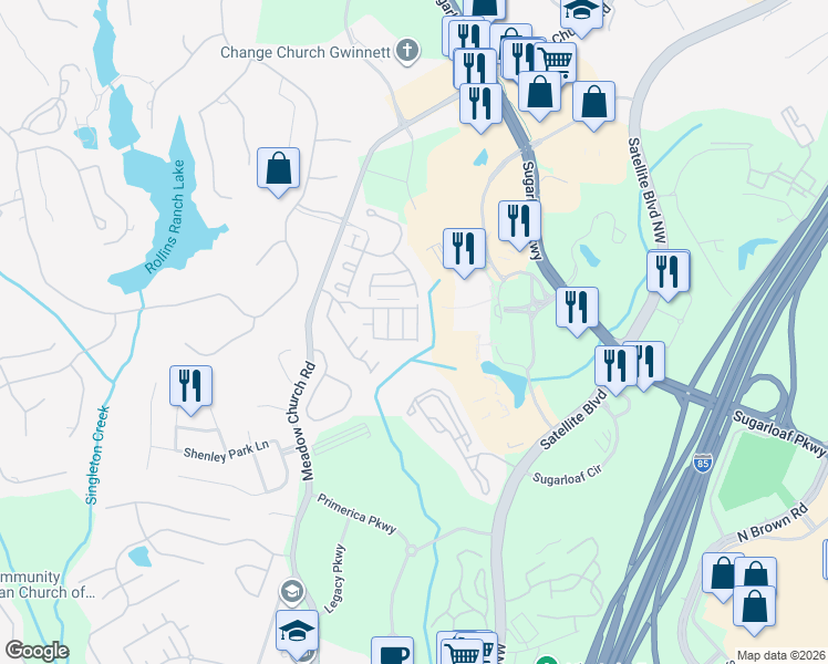 map of restaurants, bars, coffee shops, grocery stores, and more near 2093 Meadow Peak Road in Duluth