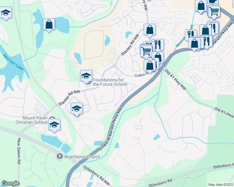 map of restaurants, bars, coffee shops, grocery stores, and more near 1531 Anna Ruby Lane in Kennesaw