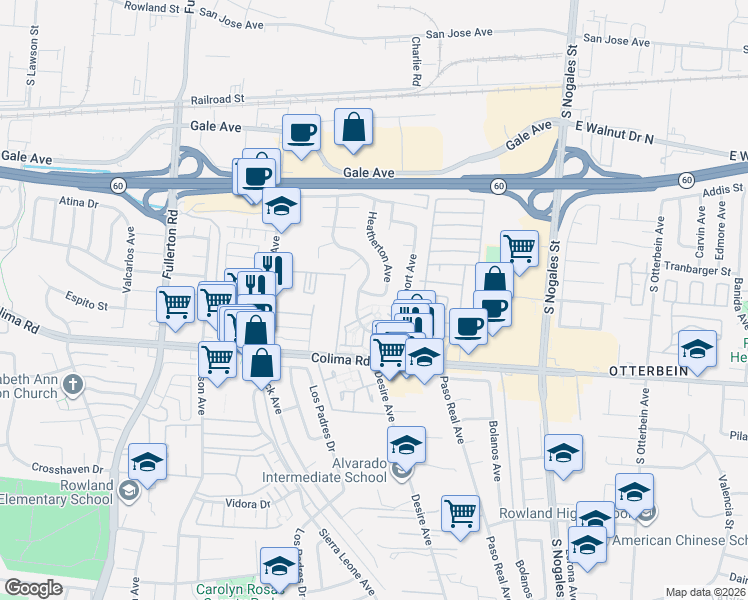 map of restaurants, bars, coffee shops, grocery stores, and more near 18716 Greengate Drive in Rowland Heights