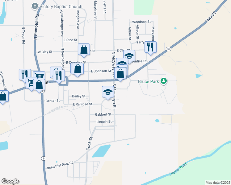 map of restaurants, bars, coffee shops, grocery stores, and more near 118 South Mcsweyn Place in Bruce