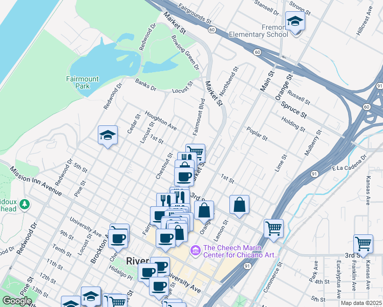 map of restaurants, bars, coffee shops, grocery stores, and more near 3881 1st Street in Riverside