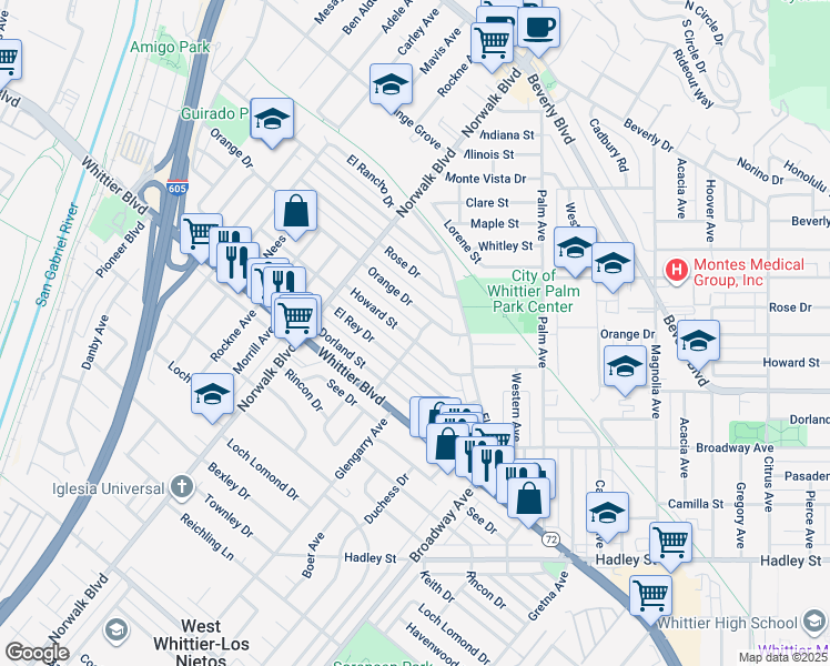 map of restaurants, bars, coffee shops, grocery stores, and more near 11045 Howard Street in Whittier