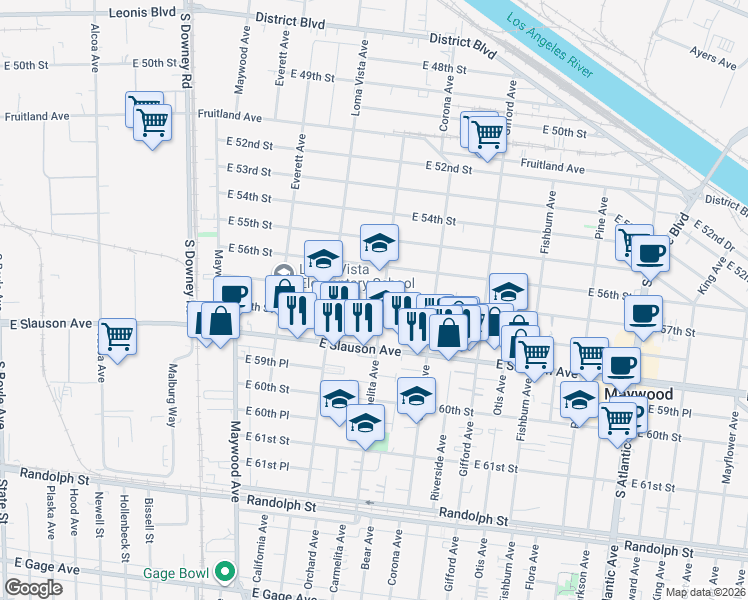 map of restaurants, bars, coffee shops, grocery stores, and more near 3740 East 57th Street in Maywood
