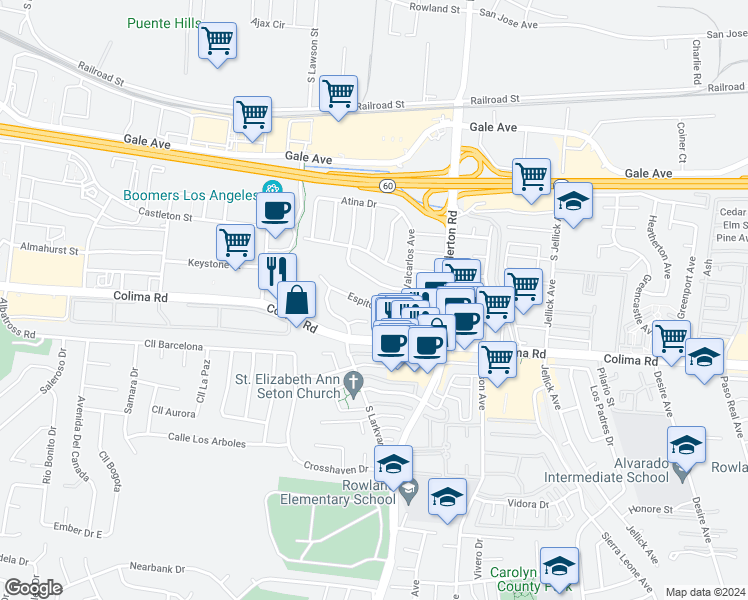 map of restaurants, bars, coffee shops, grocery stores, and more near 18091 Espito Street in Rowland Heights