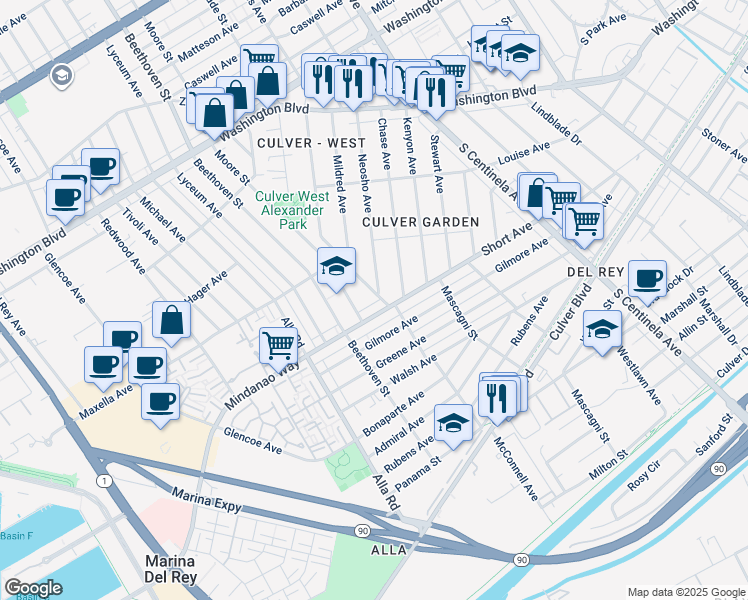 map of restaurants, bars, coffee shops, grocery stores, and more near 4373 McConnell Boulevard in Los Angeles