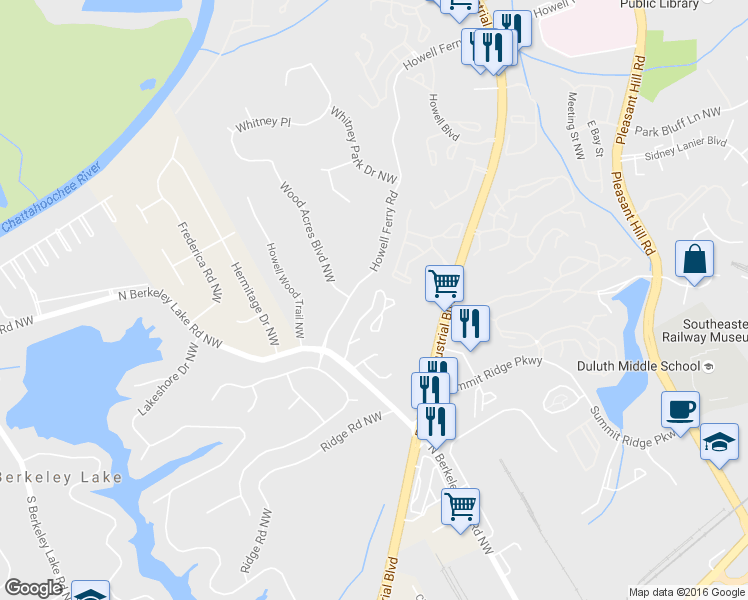 map of restaurants, bars, coffee shops, grocery stores, and more near 514 Berkeley Woods Drive in Duluth