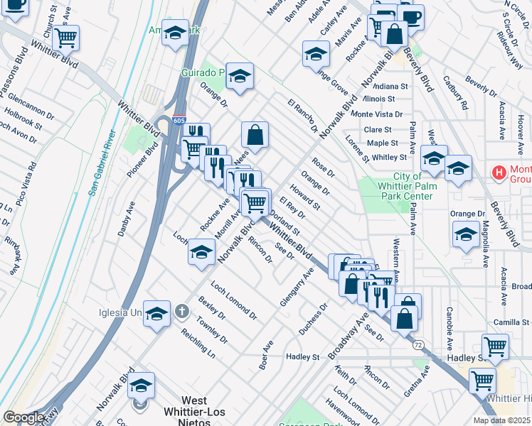 map of restaurants, bars, coffee shops, grocery stores, and more near 10807 Whittier Boulevard in Whittier
