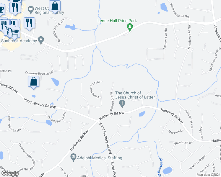 map of restaurants, bars, coffee shops, grocery stores, and more near 1321 Dungan Drive Northwest in Kennesaw