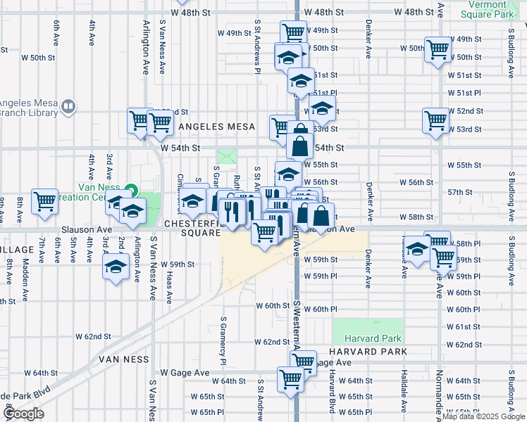 map of restaurants, bars, coffee shops, grocery stores, and more near 5730 South Saint Andrews Place in Los Angeles