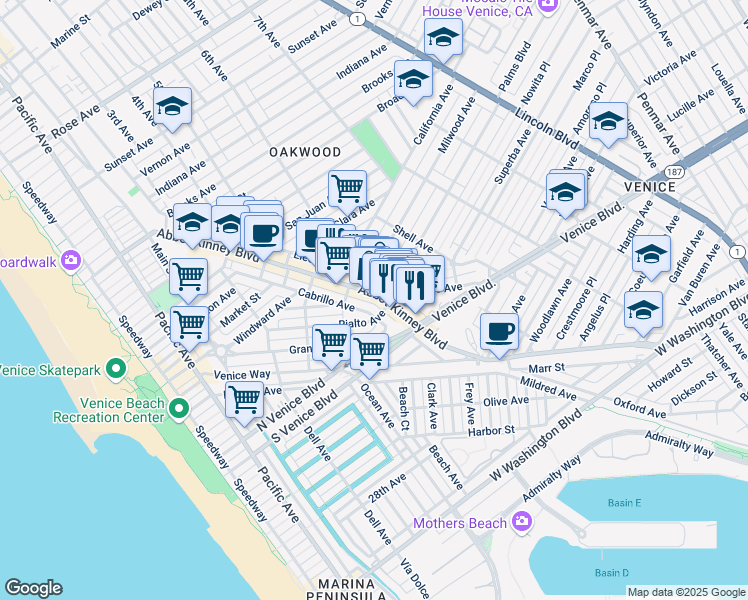 map of restaurants, bars, coffee shops, grocery stores, and more near 1515 Abbot Kinney Boulevard in Los Angeles