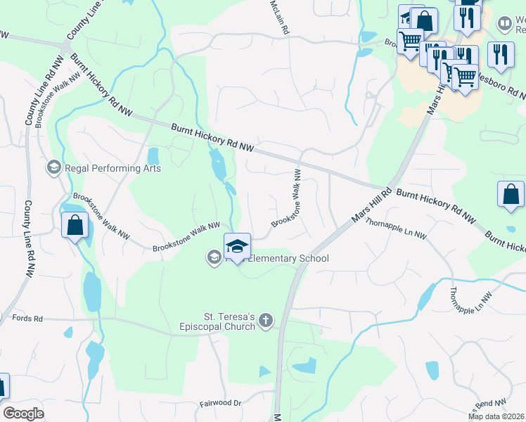 map of restaurants, bars, coffee shops, grocery stores, and more near 5704 Fallsbrook Lane in Acworth