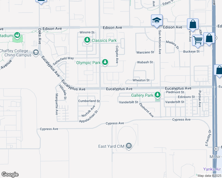 map of restaurants, bars, coffee shops, grocery stores, and more near Eucalyptus Avenue in San Bernardino County