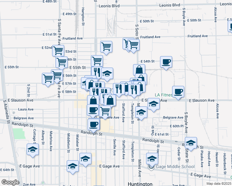 map of restaurants, bars, coffee shops, grocery stores, and more near 2700 East 58th Street in Huntington Park
